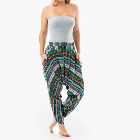Buddha Pants Unisex Drawstring Boho Hippie Stripe Savannah Harem Pants Green - Picture 7 of 15